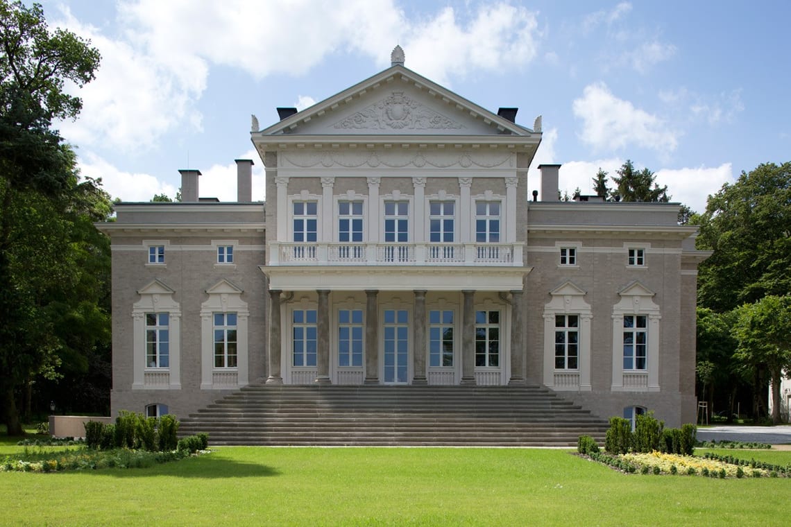 The front of Manowce historic palace in Police, Poland