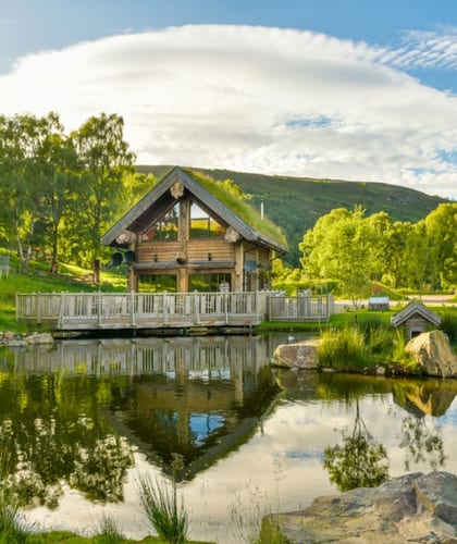 Two log cabins next to a lake