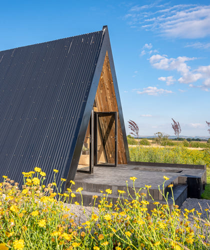 A Frame cabin with a deck at the front, surrounded by long grass