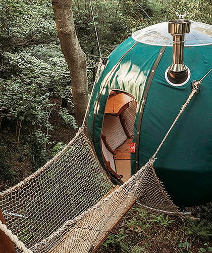 A green, spherical shaped tent with a small chimney at the top and a canopy path leading to it, all pitched in amongst trees